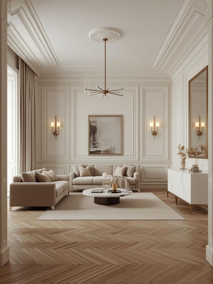 A panelled reception room in cream and warm neutrals with herringbone flooring and a brass chandelier