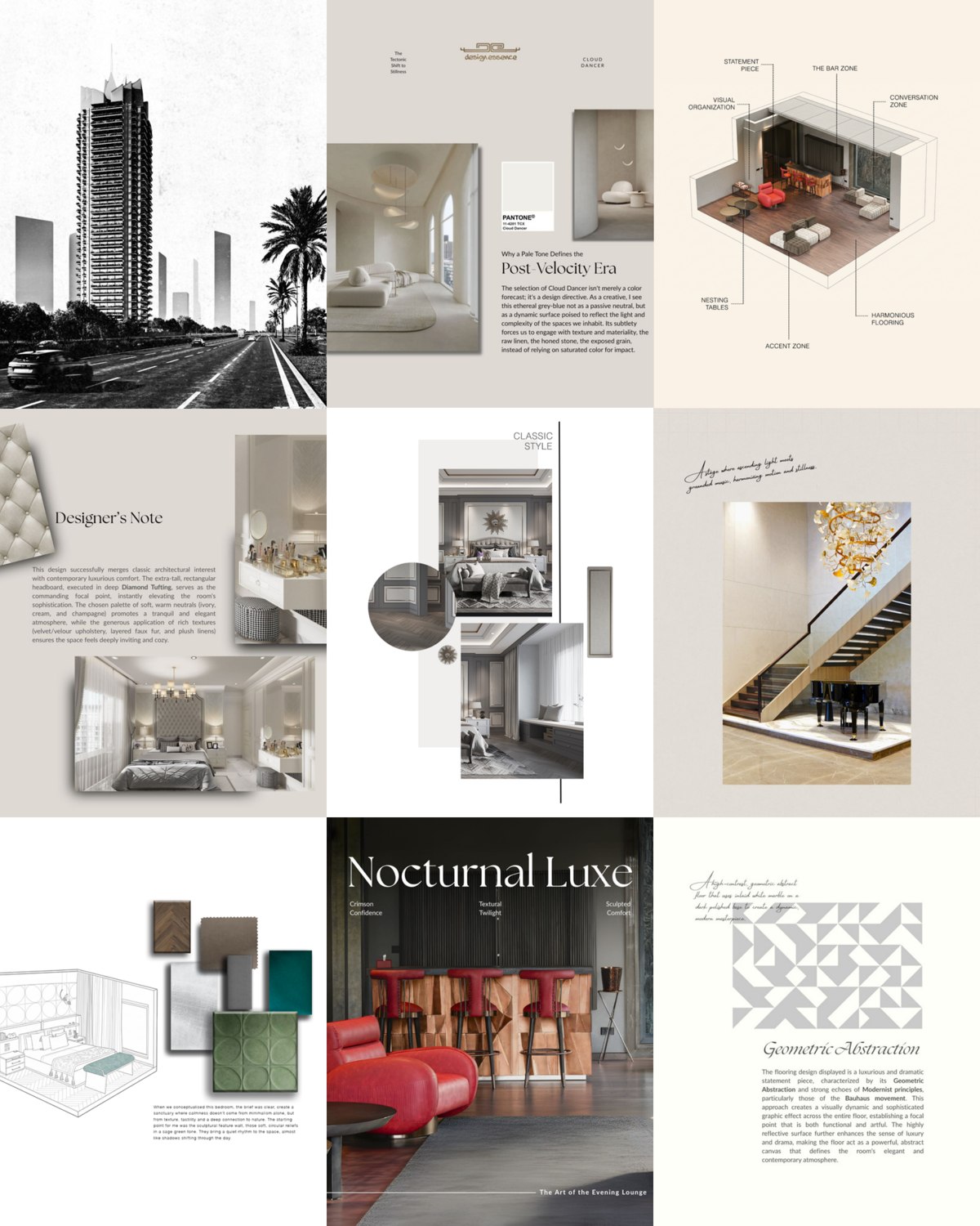 Nine-frame Instagram grid for Design Essence showing floor plans, material boards, axonometric diagrams and renders