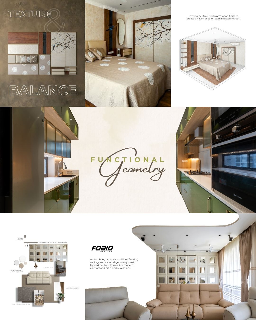 FOAID Designs grid pairing finished rooms with material boards and annotated diagrams
