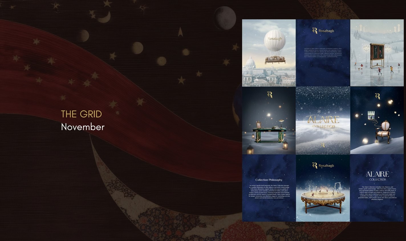 Rosabagh November grid: a celestial winter dreamscape across nine frames