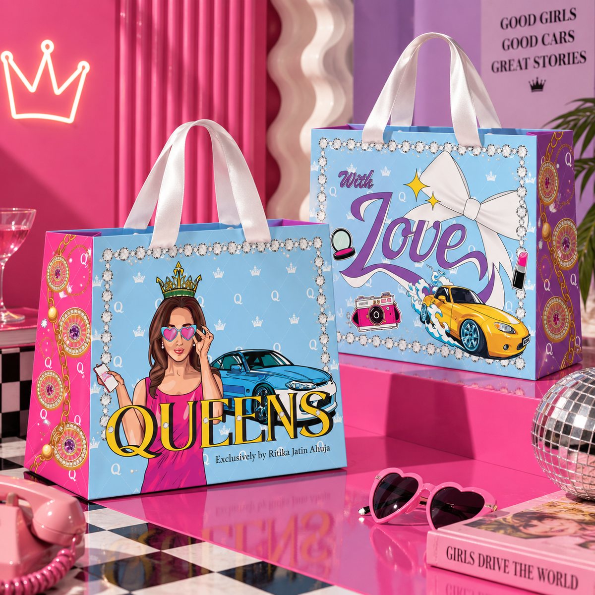 Queens Drive Club illustrated gift bags in pink and blue featuring pop-art women, supercars and the word Queens
